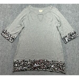 Aubergene Sweater Womens XL Gray Beaded Knit Boat Neck 3/4 Sleeve Pullover New